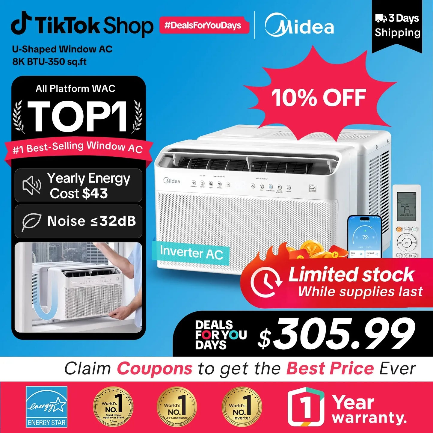 Midea 6K/8K/10K/12K BTU U Shaped Smart Inverter New Window Air Conditioner, 2026 version AC, Cools up to 450 Sq. Ft.,Ultra Quiet with Open Window Flexibility, Works with Alexa/Google Assistant, 35% Energy Savings, Remote Control