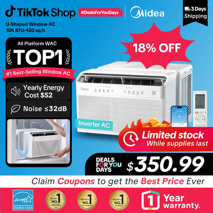 Midea 6K/8K/10K/12K BTU U Shaped Smart Inverter New Window Air Conditioner,  2026 version AC, Cools up to 450 Sq. Ft.,Ultra Quiet with Open Window Flexibility, Works with Alexa/Google Assistant, 35% Energy Savings, Remote Control